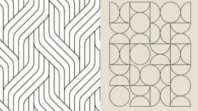 Left: black and white geometric pattern of angled lines. Right: grid of circles and arcs on a beige background.