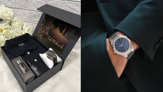 Viewing Deck Blog - 2025-10-26T193612911 Gift box with watch and shirt on the left, man wearing a stylish wristwatch on the right. | Sky Rye Design Gift box with watch and shirt on the left, man wearing a stylish wristwatch on the right.