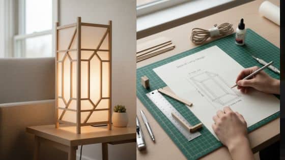 Viewing Deck Blog - 2025-10-26T200142844 Handcrafted wooden lantern design on table with lit lamp. Creative process and materials for DIY home décor. | Sky Rye Design Handcrafted wooden lantern design on table with lit lamp. Creative process and materials for DIY home décor.