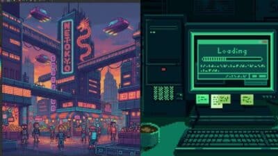 Pixel art of a bustling futuristic city with neon signs and a retro computer setup displaying a loading screen.