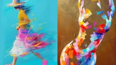 Vibrant abstract painting of a woman in motion and colorful silhouette of a figure on a bold background.