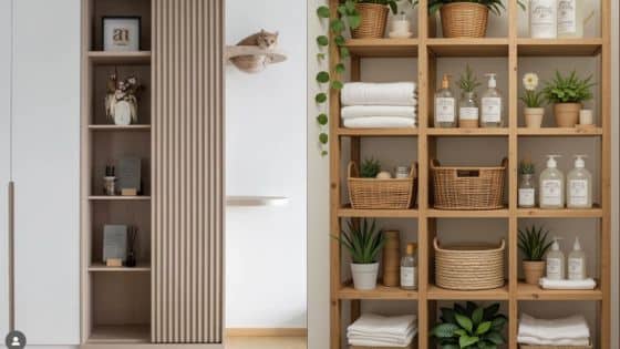 Viewing Deck Blog - 2025-10-28T011339721 Modern shelf with plants, towels, and toiletries in natural tones. Cozy and organized home decor with a cat on top. | Sky Rye Design Modern shelf with plants, towels, and toiletries in natural tones. Cozy and organized home decor with a cat on top.