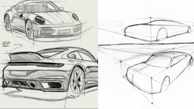 Car design sketches showing front, rear, and side views with perspective lines for concept development.