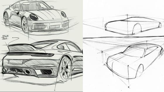 Viewing Deck Blog - 2025-10-28T170314170 Car design sketches showing front, rear, and side views with perspective lines for concept development. | Sky Rye Design Car design sketches showing front, rear, and side views with perspective lines for concept development.