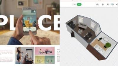 Person using a phone app for virtual home decor alongside a 3D room model on a computer screen.