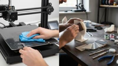 Person cleaning 3D printer and another crafting paper model. Tools and materials on a desk highlight creative workspace.