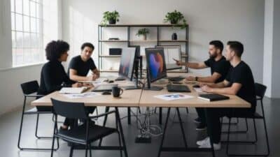 Team collaborating in a modern office with computers and plants, discussing digital content at a large table.