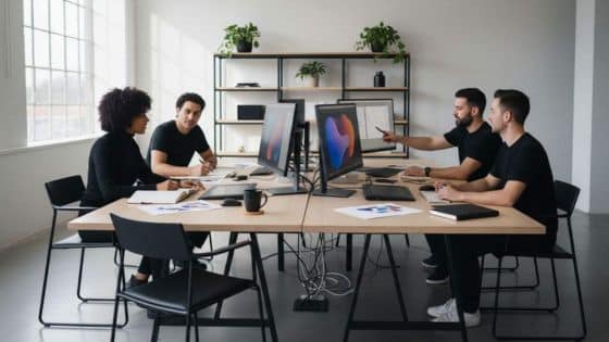 Team collaborating in a modern office with computers and plants, discussing digital content at a large table.