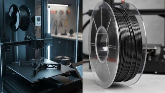 Viewing Deck Blog - 2025-10-30T193401760 3D printer with black filament spool, showcasing a printing process and filament material in a modern workspace. | Sky Rye Design 3D printer with black filament spool, showcasing a printing process and filament material in a modern workspace.