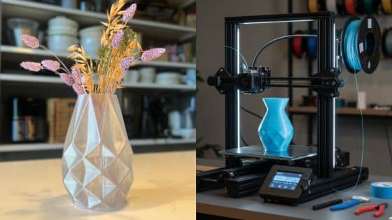 Viewing Deck Blog - 2025-10-30T201615009 3D-printed vase in geometric pattern with flowers, next to a 3D printer producing a blue vase. | Sky Rye Design 3D-printed vase in geometric pattern with flowers, next to a 3D printer producing a blue vase.