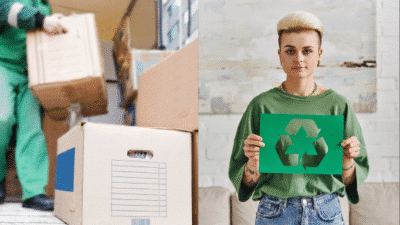 Person carries boxes while another person holds a recycling symbol, highlighting sustainable moving practices.