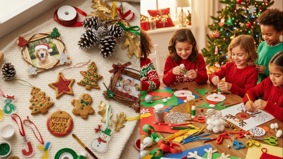 Viewing Deck Blog Kids crafting Christmas decorations and cookies with a festive setup and a decorated tree in the background. | Sky Rye Design Kids crafting Christmas decorations and cookies with a festive setup and a decorated tree in the background.