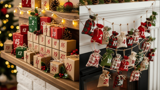 Viewing Deck Blog Christmas advent calendars with numbered gift boxes and bags on a mantel and fireplace, decorated with lights and pine cones. | Sky Rye Design Christmas advent calendars with numbered gift boxes and bags on a mantel and fireplace, decorated with lights and pine cones.