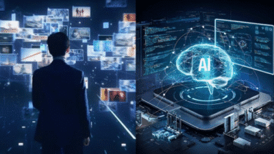 Person analyzing digital screens with AI technology overlay, illustrating futuristic innovation and data processing.