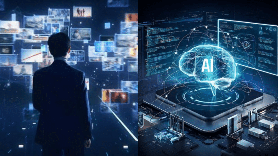 Person analyzing digital screens with AI technology overlay, illustrating futuristic innovation and data processing.