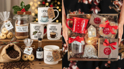 Holiday coffee gift set with mugs, espresso elixir, coffee beans, and festive packaging for Christmas cheer.