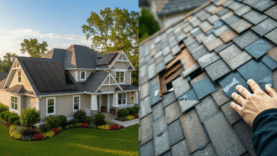 Modern home with solar panels next to damaged shingle roof, highlighting energy efficiency and roof issues.