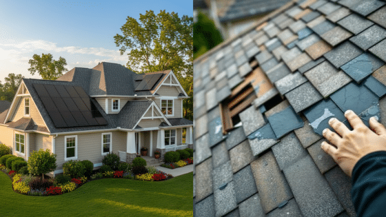 Modern home with solar panels next to damaged shingle roof, highlighting energy efficiency and roof issues.