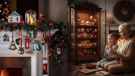 Cozy Christmas scene with decorated mantel, advent calendar, and family sharing ornaments by the fireplace.