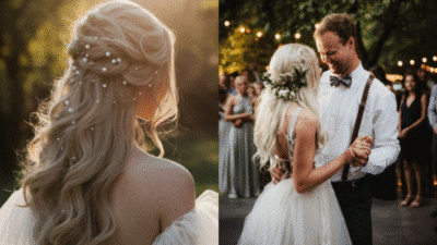 Bride with elegant blonde hairstyle and pearls, dancing at outdoor wedding under string lights with groom.