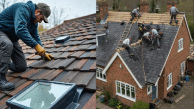 Roofer repairing asphalt shingles; group workers installing roof on brick house.