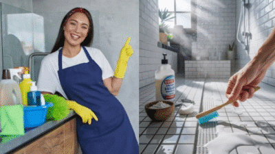 Smiling woman in apron by cleaning supplies; scrubbing foamy tile floor in bright bathroom with brush and cleaning products.