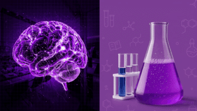 Purple glowing brain with scientific background, and beaker with test tubes against a purple laboratory-themed background.