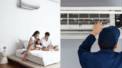 Family enjoying air conditioning at home, technician examining AC unit for maintenance.
