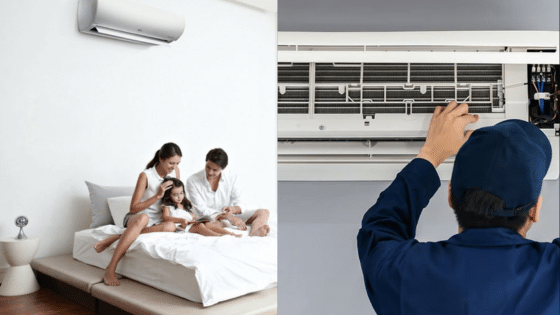 Viewing Deck Blog 3 Family enjoying air conditioning at home, technician examining AC unit for maintenance. | Sky Rye Design Family enjoying air conditioning at home, technician examining AC unit for maintenance.