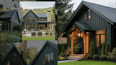 Modern black house with large windows and greenery, featuring stylish outdoor seating and scenic views.