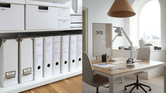 Viewing Deck Blog 3 Modern office space with organized shelves and a minimalist desk setup featuring a lamp, chairs, and natural light. | Sky Rye Design Modern office space with organized shelves and a minimalist desk setup featuring a lamp, chairs, and natural light.