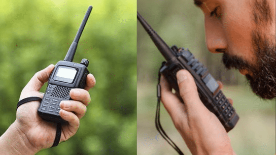 Viewing Deck Blog 3 Two-way radios in use outdoors; close-up of a hand holding one, and a person speaking into another. | Sky Rye Design Two-way radios in use outdoors; close-up of a hand holding one, and a person speaking into another.