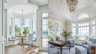 Bright coastal dining and living room with large windows, elegant decor, and ocean views.