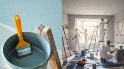 Room being painted by professionals, paintbrush in bucket with blue paint, ladders and tools in use.