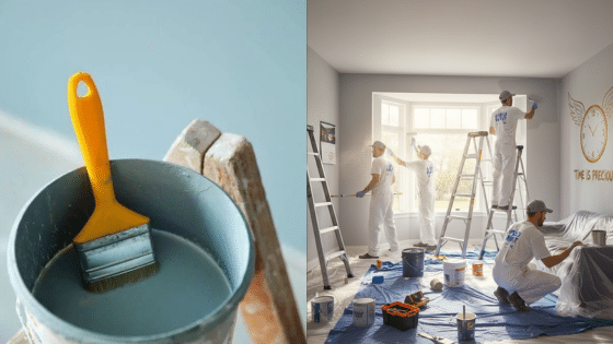 Viewing Deck Blog 3 Room being painted by professionals, paintbrush in bucket with blue paint, ladders and tools in use. | Sky Rye Design Room being painted by professionals, paintbrush in bucket with blue paint, ladders and tools in use.