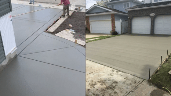 Freshly laid concrete driveway with smooth finish and precise lines in residential area.