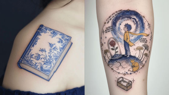 Viewing Deck Blog Blue floral book tattoo on shoulder; colorful tattoo of a child with a scarf, rose, and fox on forearm. | Sky Rye Design Blue floral book tattoo on shoulder; colorful tattoo of a child with a scarf, rose, and fox on forearm.