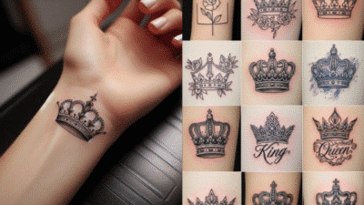 Elegant crown tattoo designs on the wrist and forearm, featuring intricate detailing and various artistic styles.