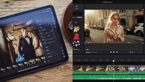 Viewing Deck Blog Tablet displaying video editing software with a couple's photo, next to a computer screen editing a street image. | Sky Rye Design Tablet displaying video editing software with a couple's photo, next to a computer screen editing a street image.