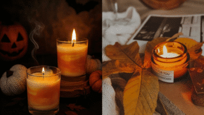 Cozy autumn candles with pumpkins and leaves, creating a warm and festive Halloween ambiance.