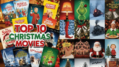 Collage of Top 10 Christmas Movies with festive themes and iconic film covers for holiday viewing inspiration.