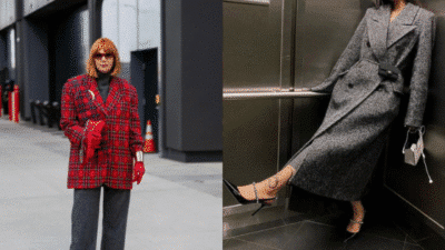 Fashion-forward women in stylish plaid and gray coats highlight trendsetting street and elevator styles.