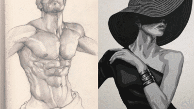 Side-by-side art: muscular male torso sketch and stylish woman in a hat, grayscale drawing.