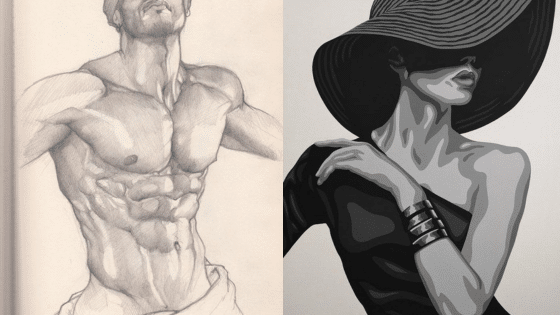 Viewing Deck Blog Side-by-side art: muscular male torso sketch and stylish woman in a hat, grayscale drawing. | Sky Rye Design Side-by-side art: muscular male torso sketch and stylish woman in a hat, grayscale drawing.