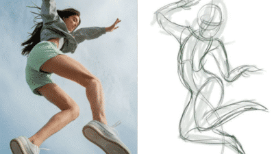 Person jumping against blue sky with dynamic pose next to a sketch of a jumping figure, highlighting movement and motion.