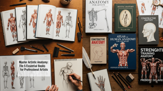 Viewing Deck Blog Artistic anatomy books for professional artists with sketches and tools on a wooden table. | Sky Rye Design Artistic anatomy books for professional artists with sketches and tools on a wooden table.