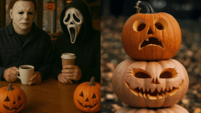 Two people in Halloween masks drinking coffee, next to carved jack-o'-lanterns; spooky and festive autumn setting.