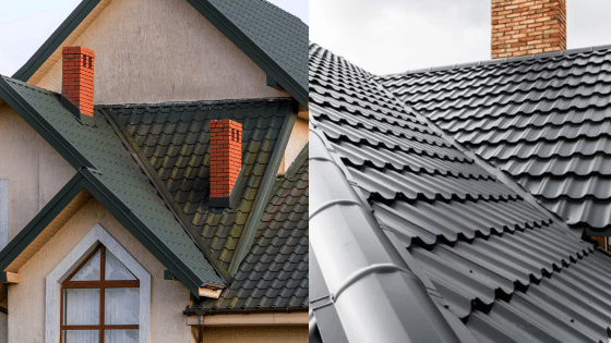 Comparing green metal roof with red chimneys and dark gray metal roof in a split image.