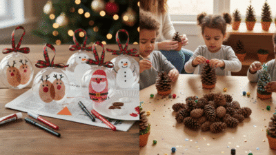 Kids crafting Christmas ornaments with pinecones and decorated baubles. Holiday DIY fun for children.