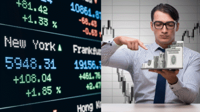 Financial analyst examines stock data with growth graph and dollar sign, showcasing market trends and investment potential.
